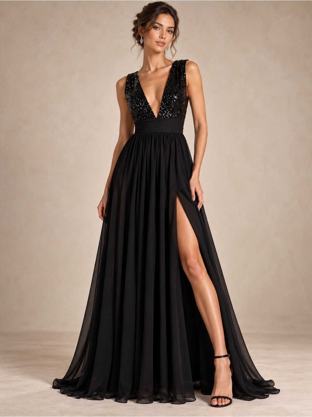 Black Sequin Deep V Prom Gown with High Slit
